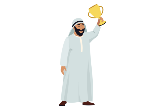 Arab Man Hold Trophy Cup. Saudi Winner C